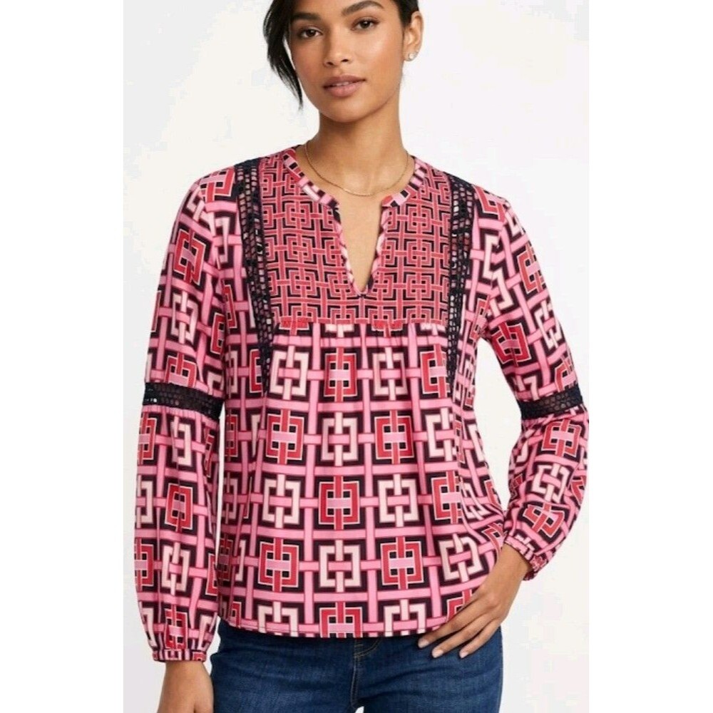 Crown & Ivy Blouse Size L Pink Balloon Sleeve V Neck Rayon